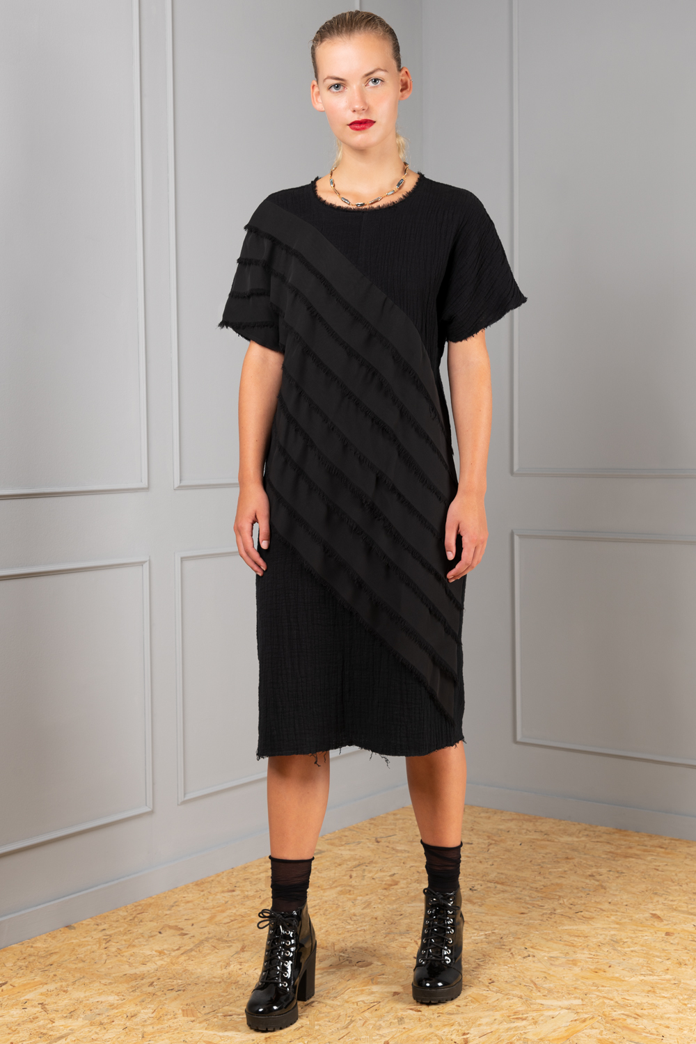 Black cotton dress with chiffon stripes for women Haruco vert