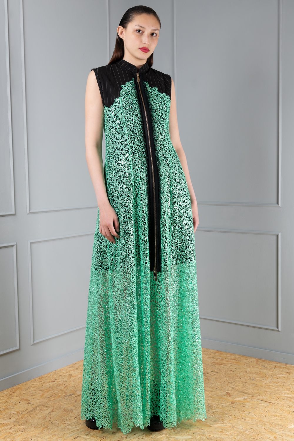 sea green lace pinstripe dress Haruco vert