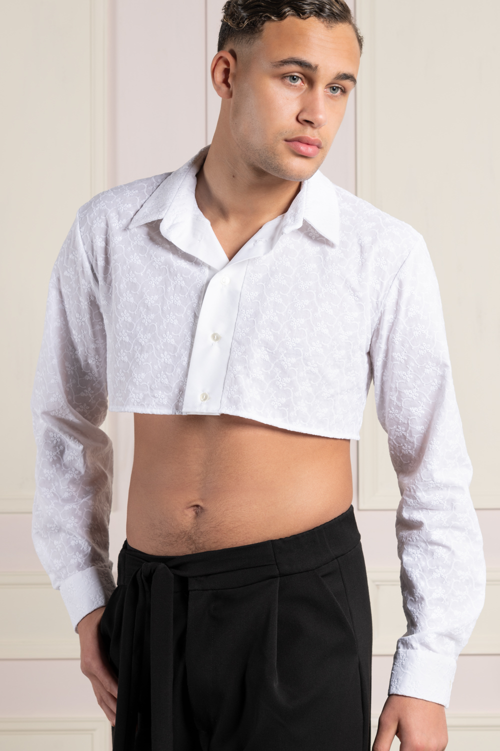 A white cropped men's shirt with Swiss embroidery