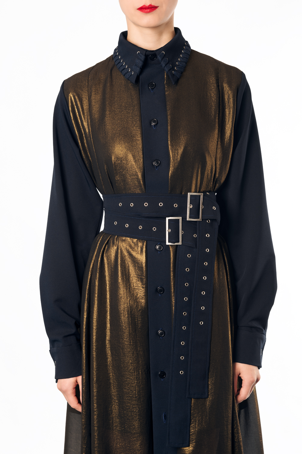 A long navy blue women s eyelet belt for an edgy look Haruco vert
