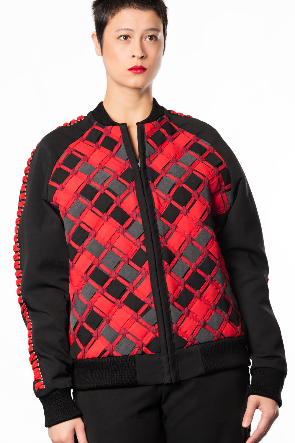 black red woven women s bomber jacket Haruco vert